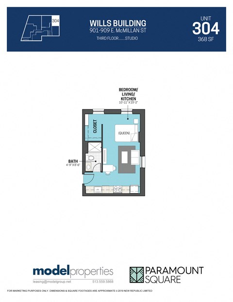 Floor plan for studio, 1 bath, 368 sqft